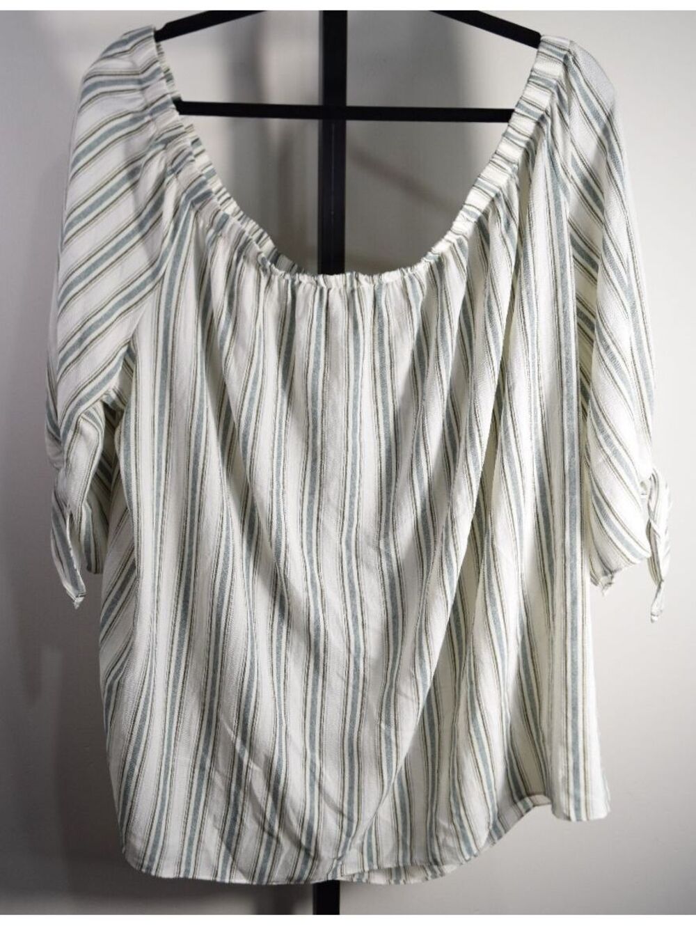 Soprano Ivory Striped Off-Shoulder Top Size 3XL Textured Tie Sleeve Boho Blouse